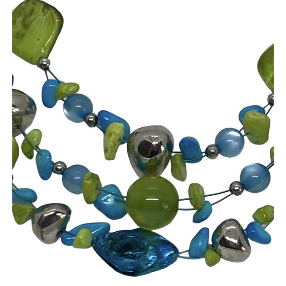 Multicolored Turquoise Stones Green Beads Three Strand Necklace Handcrafted - Picture 2 of 15